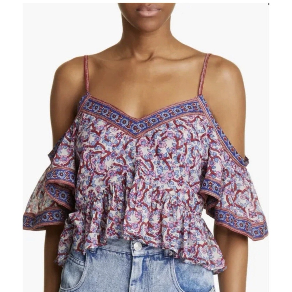 ISABEL MARANT ÉTOILE Garuva Floral Print Cold Shoulder Cotton Top Size 40 US 8